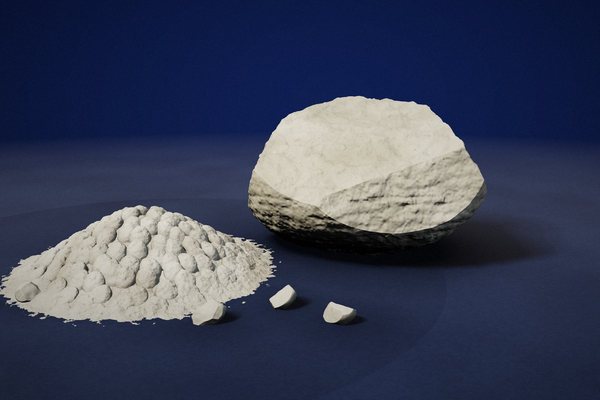 Kalker (kireç taşı): gri-bej kalker kayası ve kırılmış kalker yığını