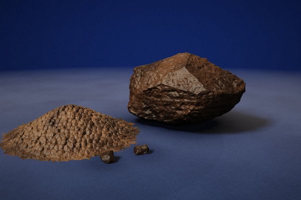 Leonardit: koyu kahverengi organik mineral kayası ve granül leonardit yığını